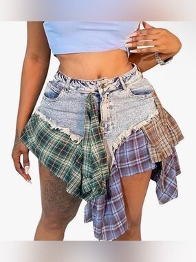 Irregular Plaid A-Line Hem Patchwork Denim
Mini Skirt
